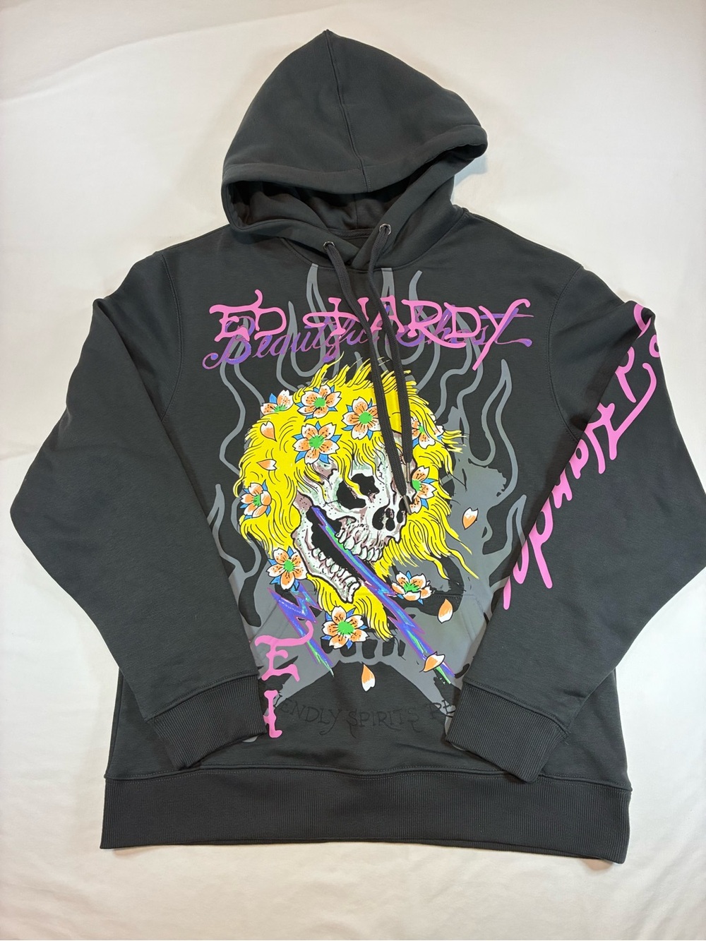 Ed Hardy Charcoal Hoodie with Yellow & Pink Skull Graphic
